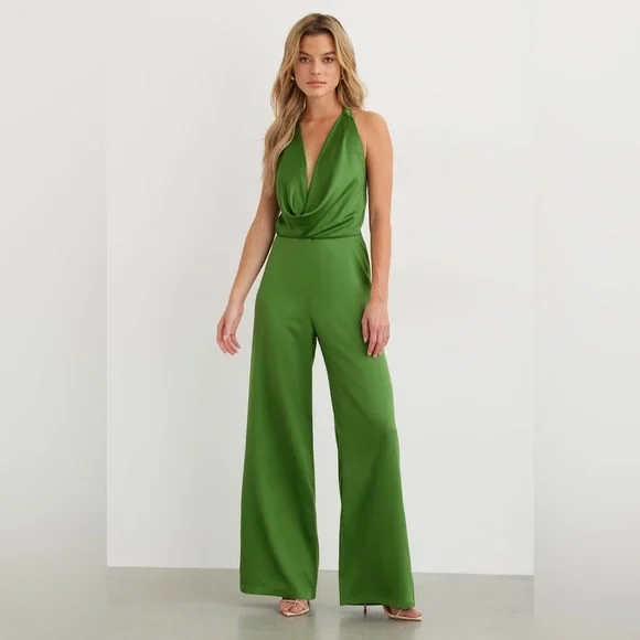 Green Halter Wide-Leg Jumpsuit - Picture 1 of 11